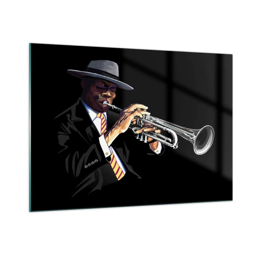 Impression sur verre - Image sur verre - Un musicien noir avec une trompette et un chapeau sur fond noir - 100x70cm - Le charme de la vieille école - Décoration murale moderne pour le salon et la chambre ARTTOR