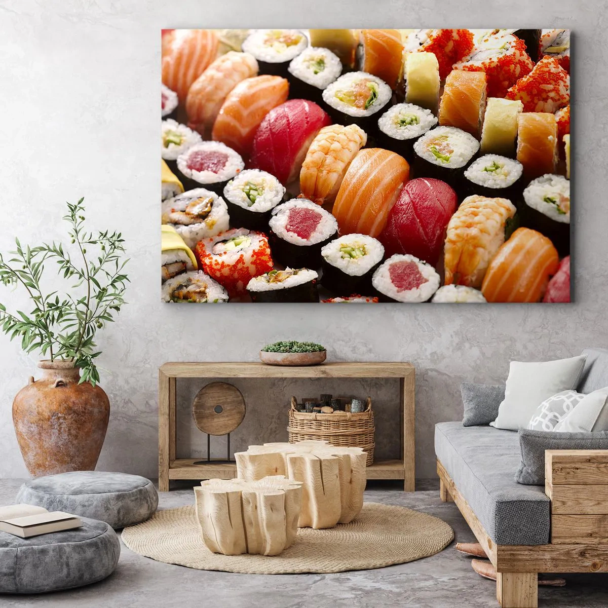 Impression sur toile - Image sur toile - Sushis colorés disposés en rangées avec diverses garnitures - 70x50cm - Couleurs et saveurs d'Asie - Décoration murale moderne pour le salon et la chambre ARTTOR