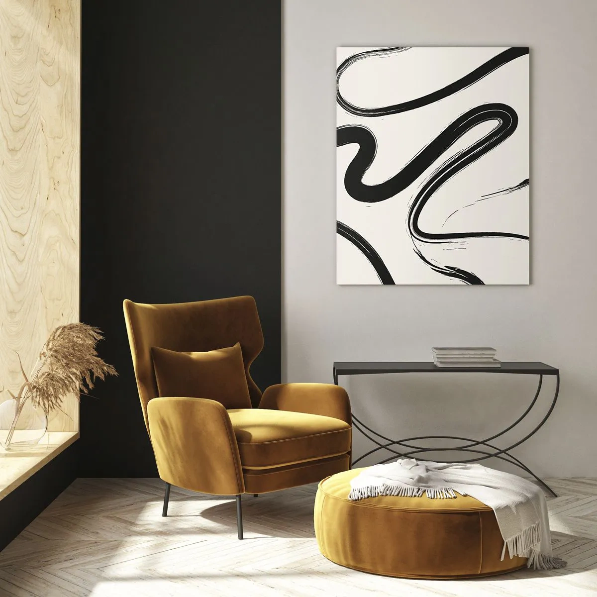 Impression sur verre - Image sur verre - Lignes courbes noires et blanches sur fond clair - 70x100cm - Fantaisie en noir et blanc - Décoration murale moderne pour le salon et la chambre ARTTOR