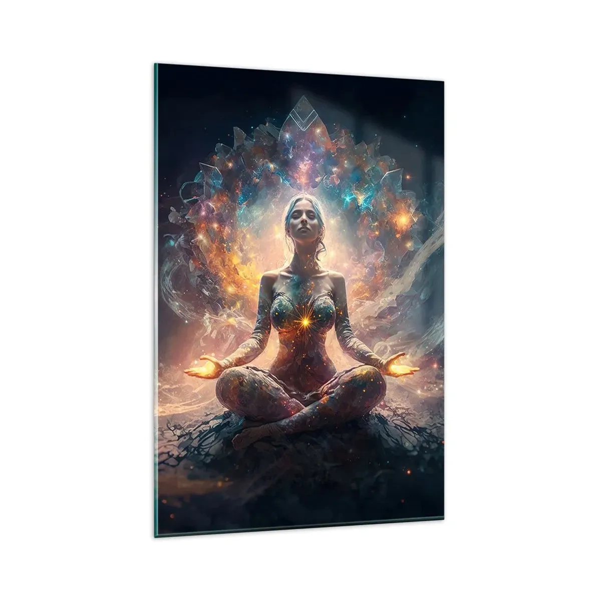 Impression sur verre - Image sur verre - Une figure méditante entourée de motifs et de couleurs énergétiques. - 80x120cm - Flux de bonne énergie - Décoration murale moderne pour le salon et la chambre ARTTOR