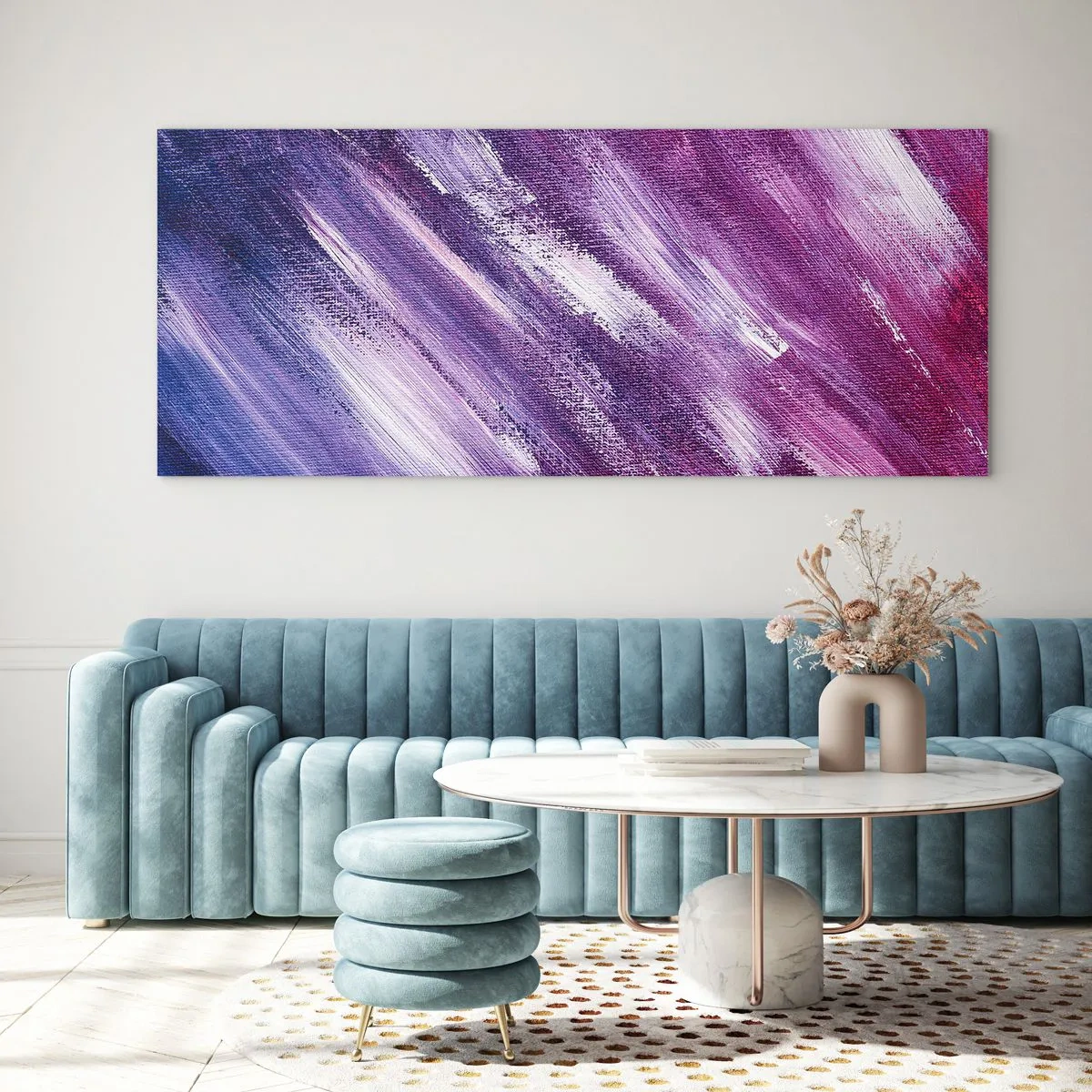 Impression sur verre - Image sur verre - Coups de pinceau abstraits dans des tons de violet et de rose - 120x50cm - Quand le vent ensoleillé souffle - Décoration murale moderne pour le salon et la chambre ARTTOR