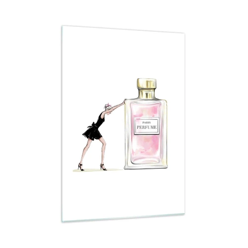 Impression sur verre - Image sur verre - Une femme en robe noire à côté d'un grand flacon de parfum - 50x70cm - L'essence des femmes - Décoration murale moderne pour le salon et la chambre ARTTOR