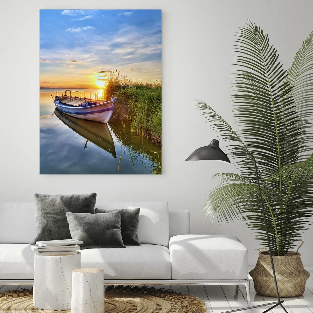 Impression sur verre - Image sur verre - Un bateau dans une baie tranquille au coucher du soleil - 80x120cm - La crique où les rêves deviennent réalité - Décoration murale moderne pour le salon et la chambre ARTTOR