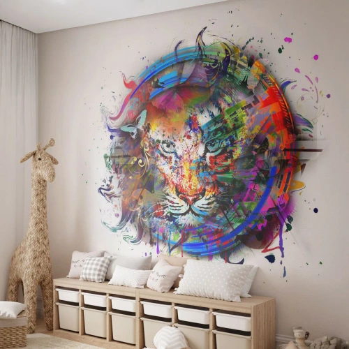Papier Peint Autocollant Deluxe Sticker - Il se cache derrière un voile arc-en-ciel - Abstraction, Tigre, Graphique - 100x70 cm