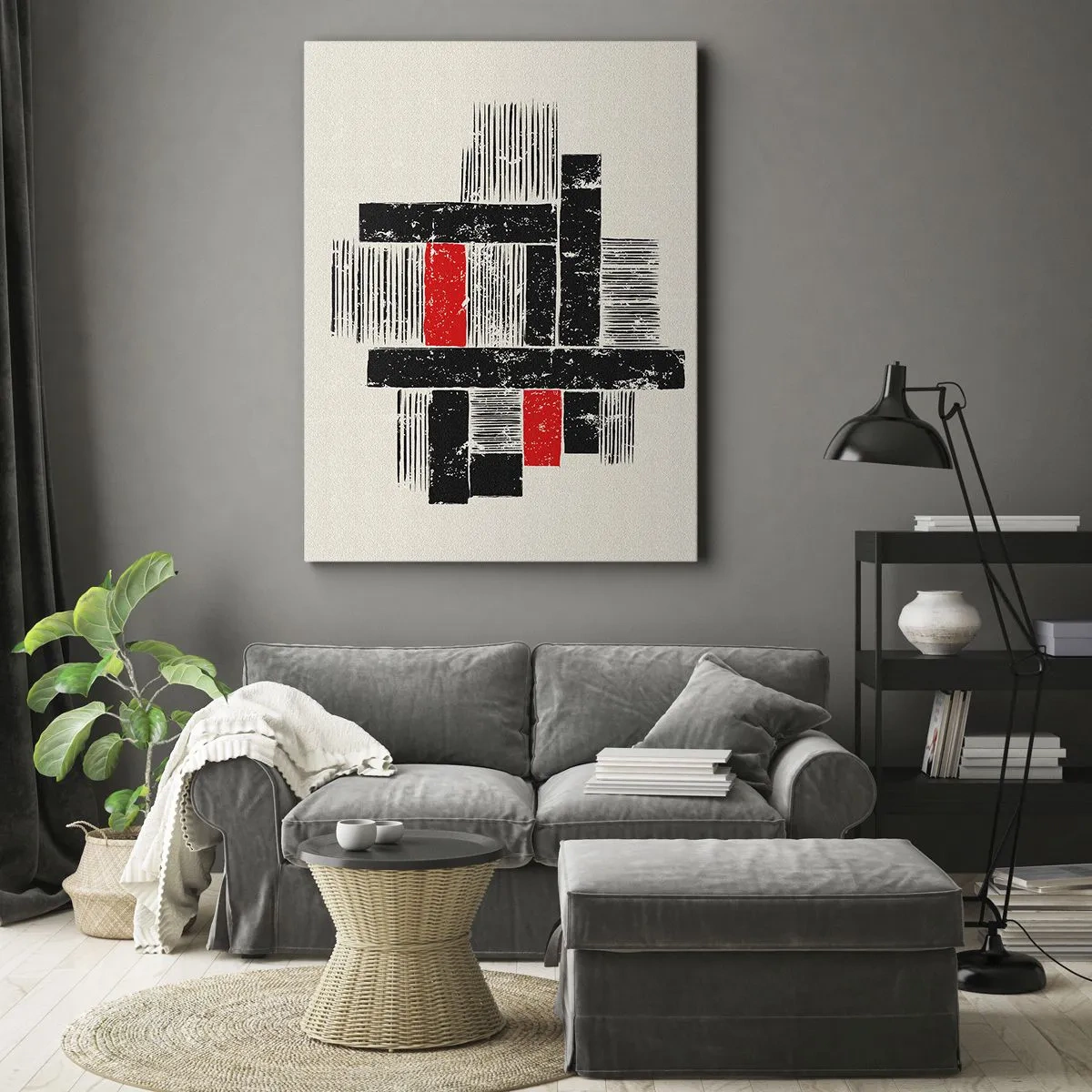 Impression sur toile - Image sur toile - Composition géométrique abstraite en noir et rouge - 50x70cm - En rouge et noir - Décoration murale moderne pour le salon et la chambre ARTTOR