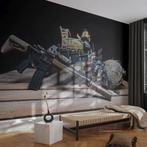 Papier Peint Photo Premium Sand - Se reposer! - Militaire, Fusil, Arme - 300x210 cm