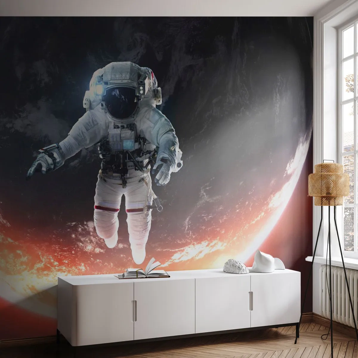 Papier Peint Photo Premium Sand - Un astronaute dérivant dans l'espace au-dessus d'une planète - 100x70cm - Puis-je rester un peu plus longtemps ? - Décoration murale moderne pour le salon et la chambre ARTTOR