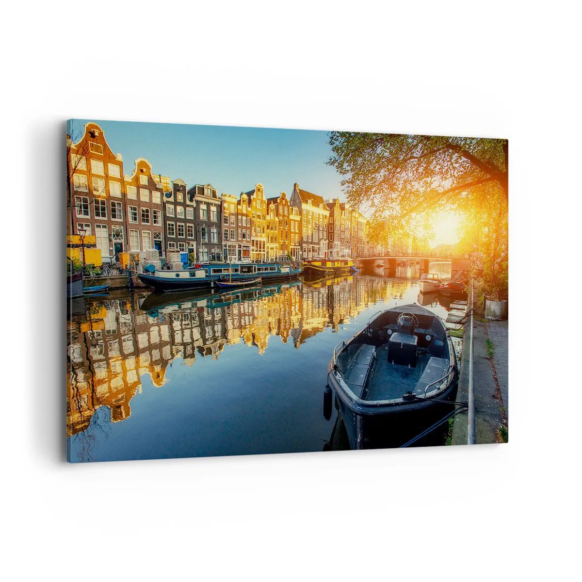 Impression sur toile - Image sur toile - Canal d'Amsterdam au coucher du soleil - 120x80cm - Début de journée à Amsterdam - Décoration murale moderne pour le salon et la chambre ARTTOR
