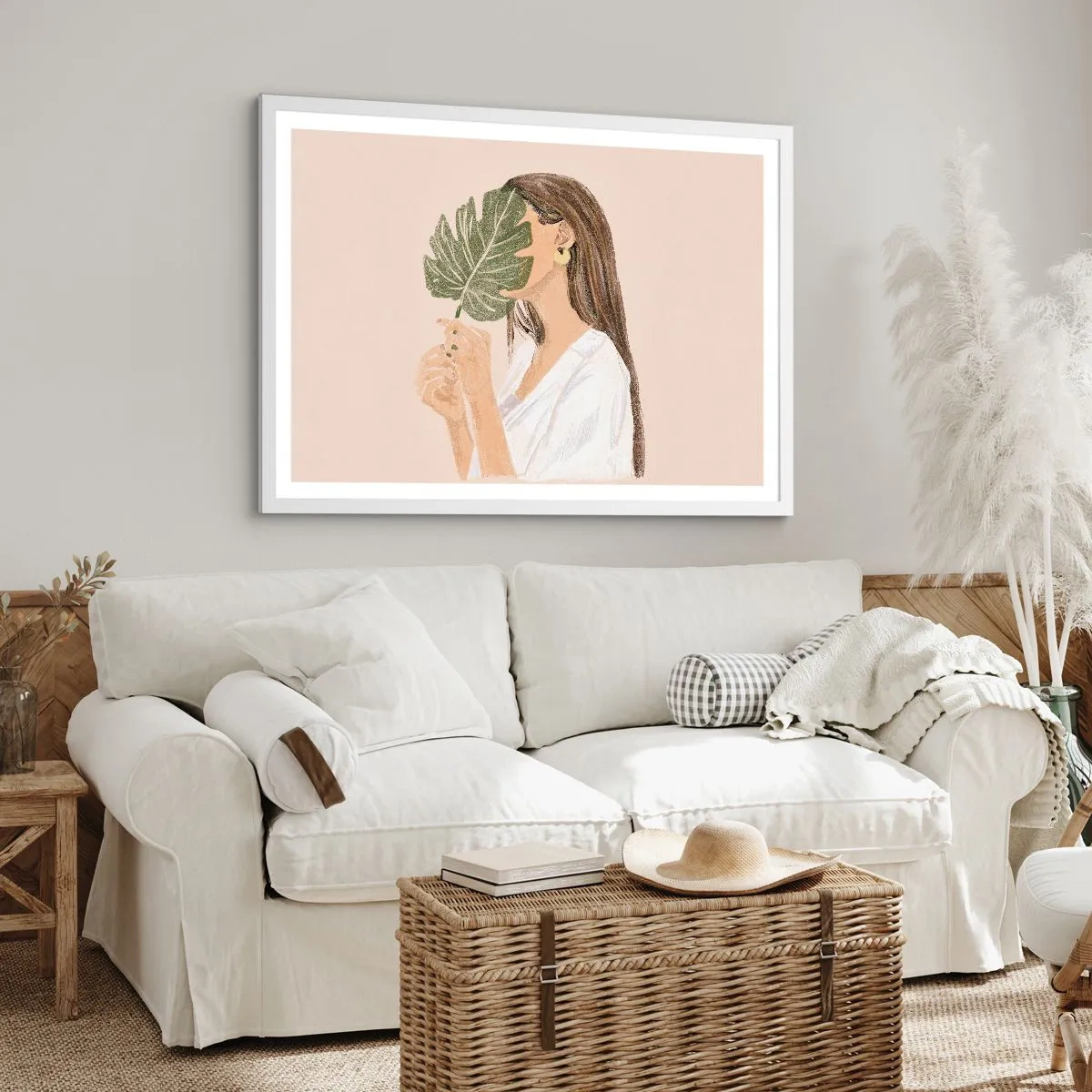 Affiche dans un cadre blanc - Poster - Portrait mystérieux avec un éventail - 91x61 cm