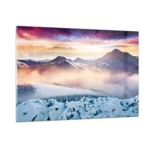 Impression sur verre - Image sur verre - Paysage de montagne d'hiver avec soleil couchant et brouillard - 120x80cm - La force et la pureté de la nature - Décoration murale moderne pour le salon et la chambre ARTTOR