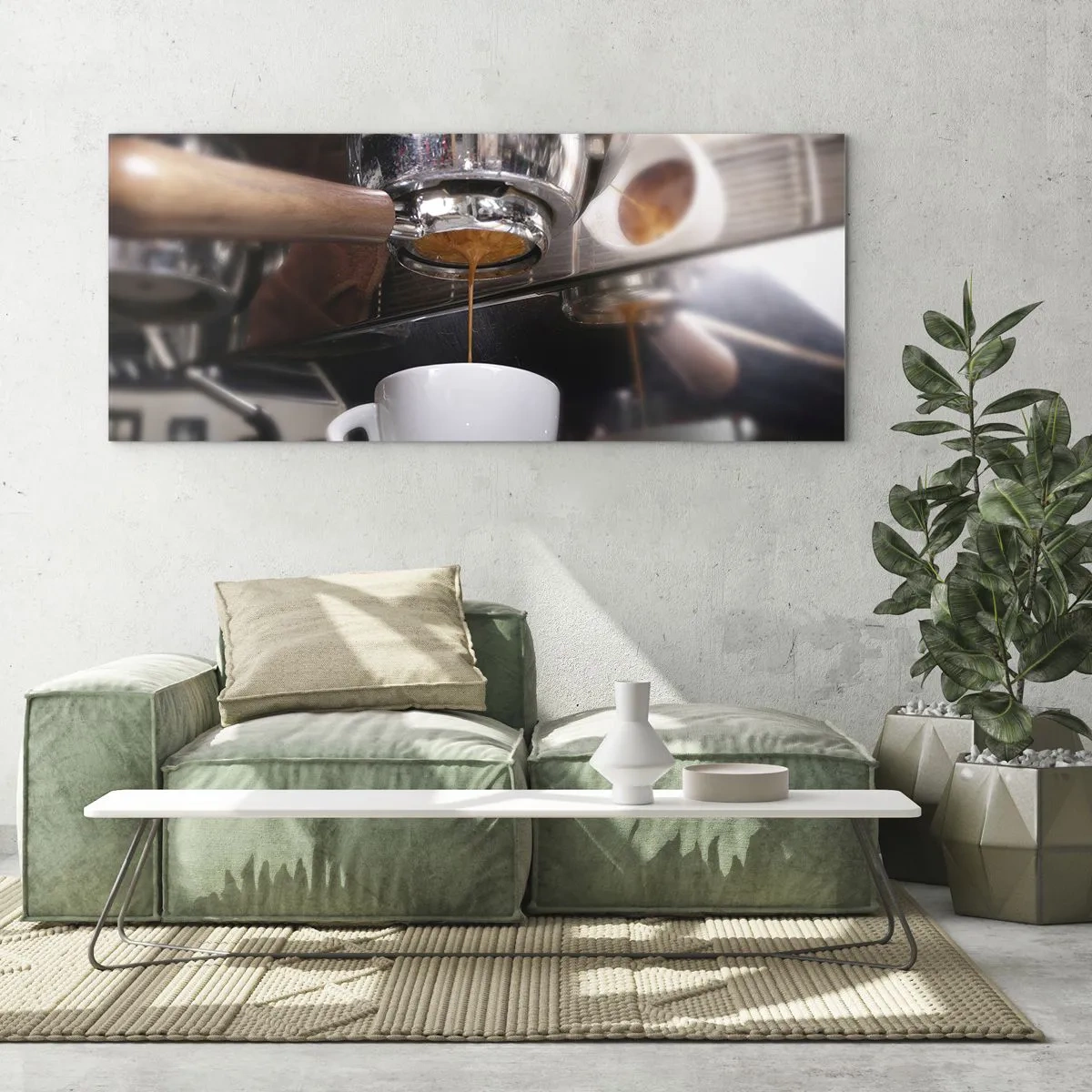 Impression sur verre - Image sur verre - Gros plan d'une machine à café préparant un expresso frais - 120x50cm - Bon moment de la journée - Décoration murale moderne pour le salon et la chambre ARTTOR