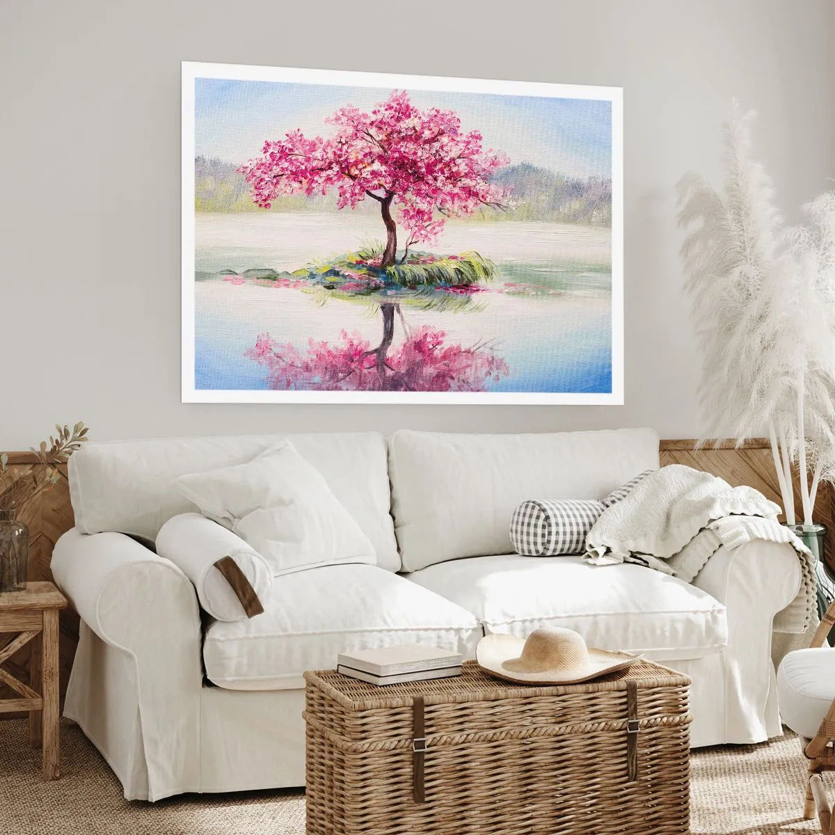 Affiche - Poster - Un arbre en fleurs sur une eau calme - 100x70cm - Fête du Printemps - Décoration murale moderne pour le salon et la chambre ARTTOR