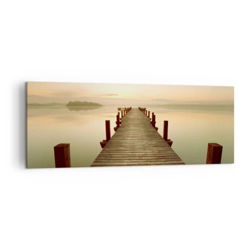 Impression sur toile - Image sur toile - Une jetée en bois sur un lac calme le matin - 140x50cm - L'aube, les premières lueurs, le jour - Décoration murale moderne pour le salon et la chambre ARTTOR