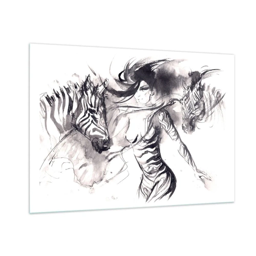 Impression sur verre - Image sur verre - Composition en noir et blanc avec une femme et un zèbre dans un style artistique - 100x70cm - Danse avec les zèbres - Décoration murale moderne pour le salon et la chambre ARTTOR