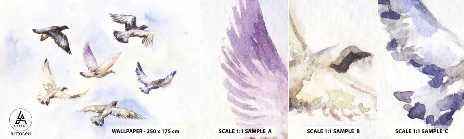 Échantillon de Papier Peint Autocollant Deluxe Sticker - Liberté en gris et bleu - Des oiseaux, Graphique, Morceau - 100x30 cm