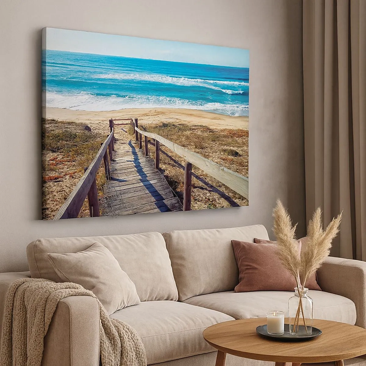 Impression sur toile - Image sur toile - Chemin en bois menant à la plage - 70x50cm - Cours! - Décoration murale moderne pour le salon et la chambre ARTTOR