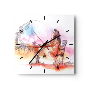 Horloge murale - Pendule murale - Aquarelle romantique d'une femme dans un café surplombant une tour - 30x30cm - Le chic parisien - Décoration murale moderne pour le salon et la chambre ARTTOR