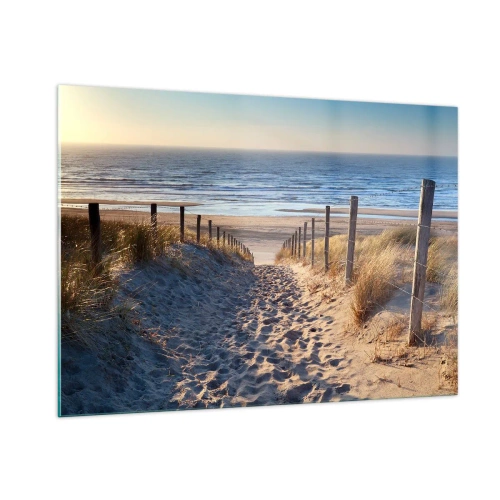 Impression sur verre - Image sur verre - Un chemin à travers les dunes menant à une plage avec une mer calme - 100x70cm - Le bruit de la mer, le chant des oiseaux, une plage sauvage parmi les herbes… - Décoration murale moderne pour le salon et la chambre