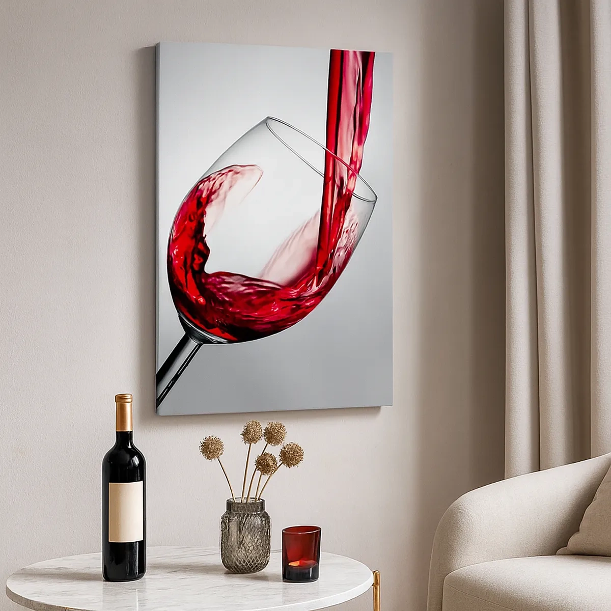 Impression sur toile - Image sur toile - Un verre de vin rouge versé sur un fond clair - 50x70cm - Nuance - mouvement - son - Décoration murale moderne pour le salon et la chambre ARTTOR
