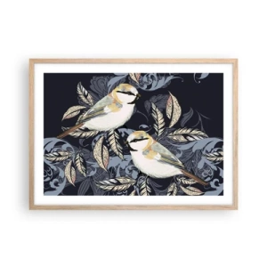 Affiche dans un chêne clair - Poster - Babillement jaune et bleu - 70x50 cm