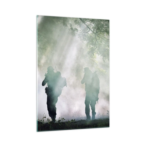 Impression sur verre - Image sur verre - Un groupe de soldats en fumée, marchant dans la forêt, en état d'alerte maximale - 50x70cm - Un pour tous… - Décoration murale moderne pour le salon et la chambre ARTTOR