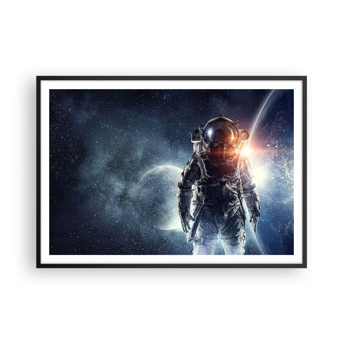 Affiche dans un cadre noir - Poster - Astronaute avec en arrière-plan l'espace et la planète Terre - 100x70cm - Aventure spatiale - Décoration murale moderne pour le salon et la chambre ARTTOR