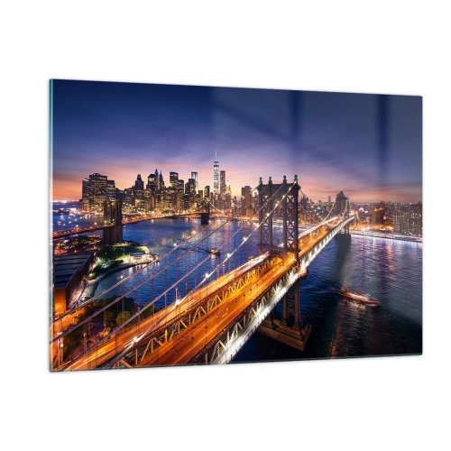 Impression sur verre - Image sur verre - Le pont sur fond de panorama urbain nocturne avec des gratte-ciel illuminés - 120x80cm - Un pont lumineux au cœur de la ville - Décoration murale moderne pour le salon et la chambre ARTTOR