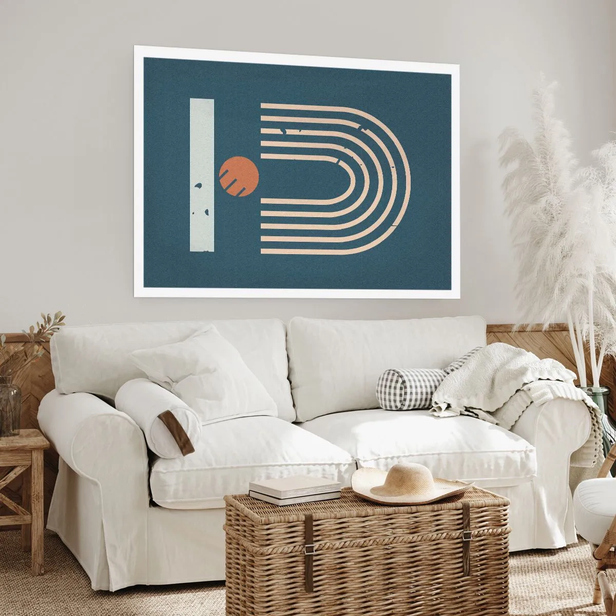 Affiche - Poster - Motif géométrique dans les tons bleu marine, beige et orange sur fond sombre - 100x70cm - Géométrie sur la grenade - Décoration murale moderne pour le salon et la chambre ARTTOR