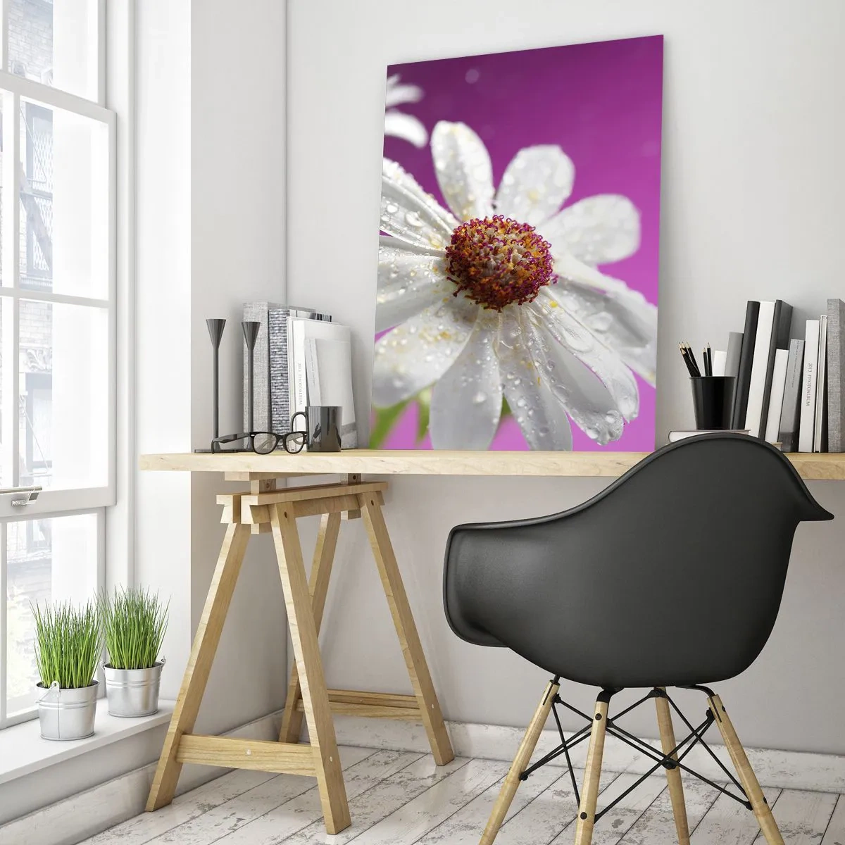Impression sur verre - Image sur verre - Une marguerite blanche recouverte de gouttes d'eau sur un fond rose - 70x100cm - Modeste dans sa beauté - Décoration murale moderne pour le salon et la chambre ARTTOR