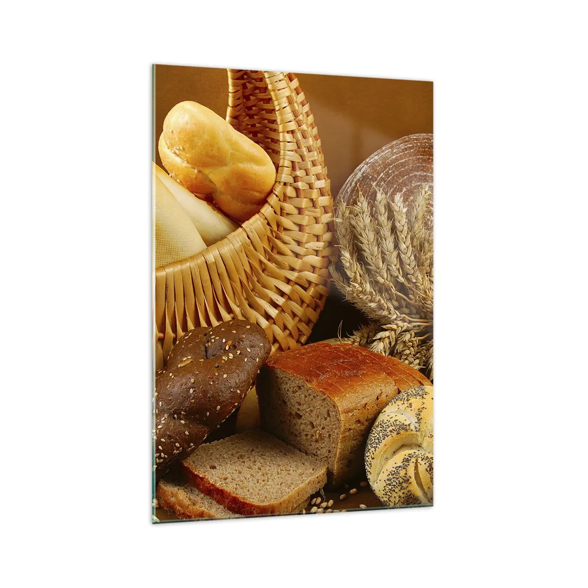 Impression sur verre - Image sur verre - Différents pains dans un panier en osier sur fond doré - 70x100cm - On s'en est encore sorti - Décoration murale moderne pour le salon et la chambre ARTTOR