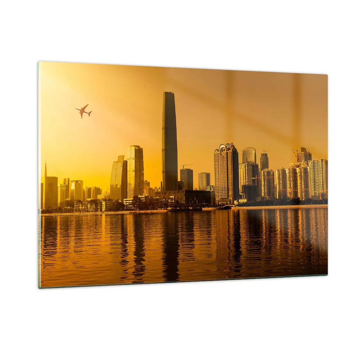 Impression sur verre - Image sur verre - Une ville moderne avec des gratte-ciel au coucher du soleil - 120x80cm - La ville en or - Décoration murale moderne pour le salon et la chambre ARTTOR