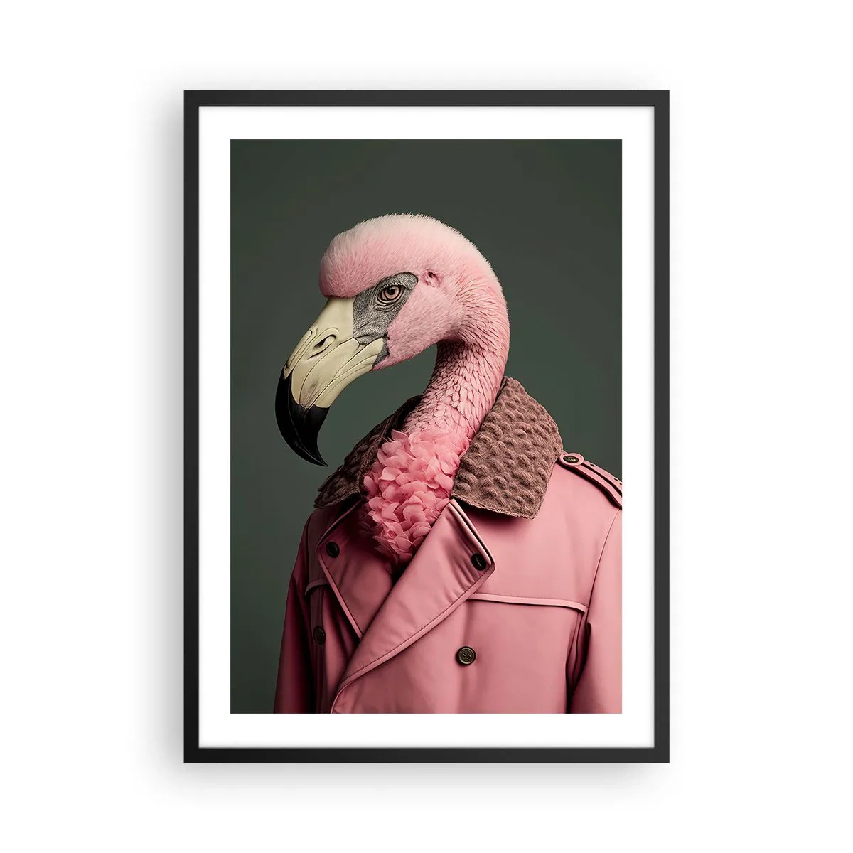 Affiche dans un cadre noir - Poster - Un flamant rose élégant dans un manteau élégant - 50x70cm - La vraie élégance - Décoration murale moderne pour le salon et la chambre ARTTOR