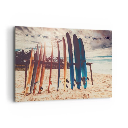 Impression sur toile - Image sur toile - Planches de surf sur la plage au coucher du soleil - 120x80cm - Bonne nuit, à demain - Décoration murale moderne pour le salon et la chambre ARTTOR