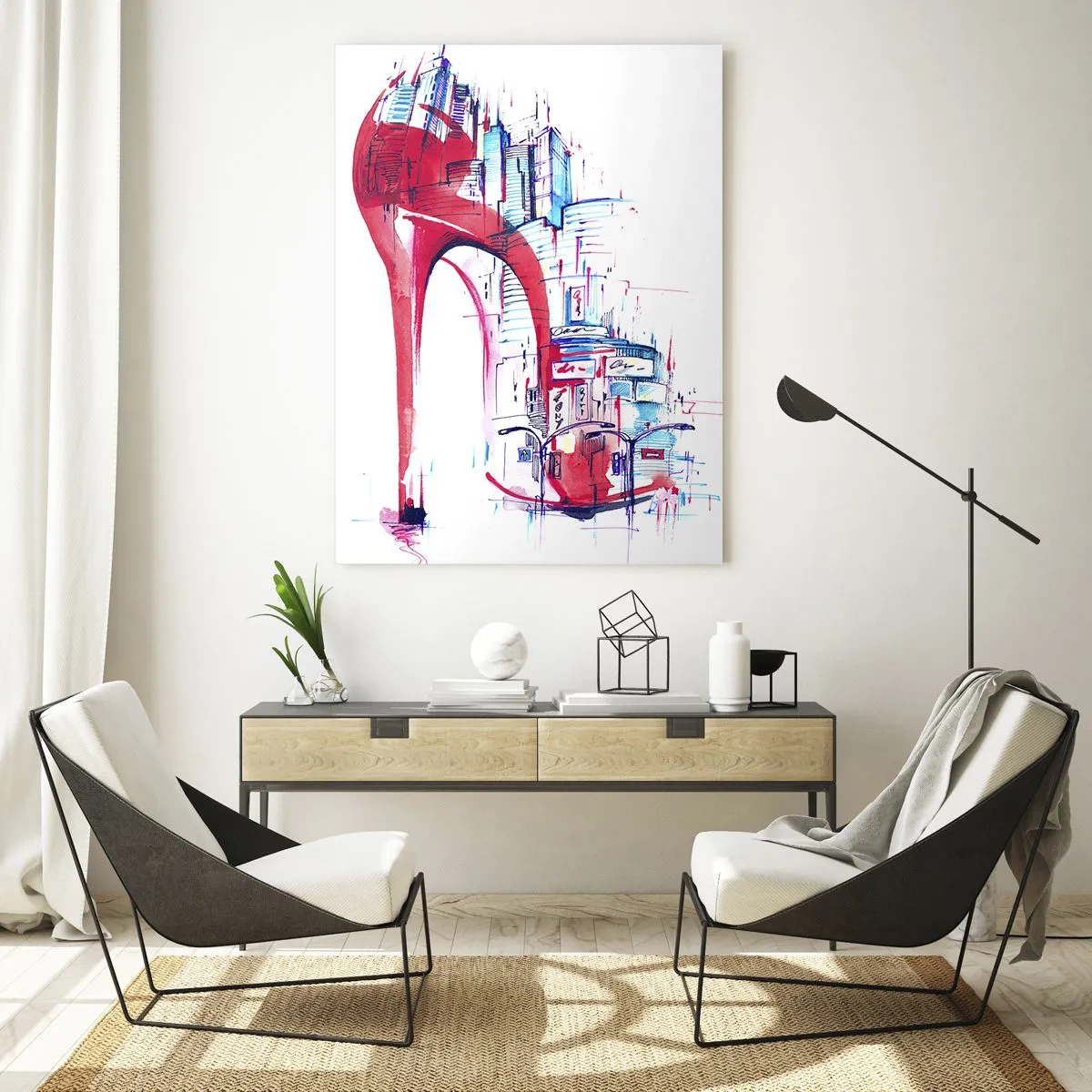 Impression sur verre - Image sur verre - Stiletto rouge avec un motif d'architecture urbaine - 50x70cm - L'élégance des grandes villes - Décoration murale moderne pour le salon et la chambre ARTTOR