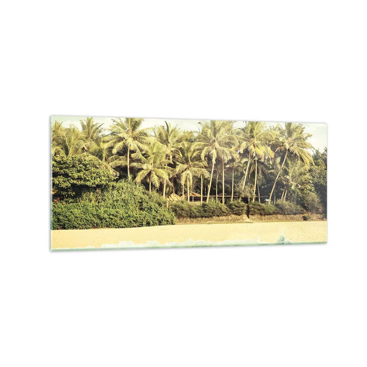 Impression sur verre - Image sur verre - Plage tropicale avec palmiers et mer turquoise - 120x50cm - Peut-être ici? - Décoration murale moderne pour le salon et la chambre ARTTOR