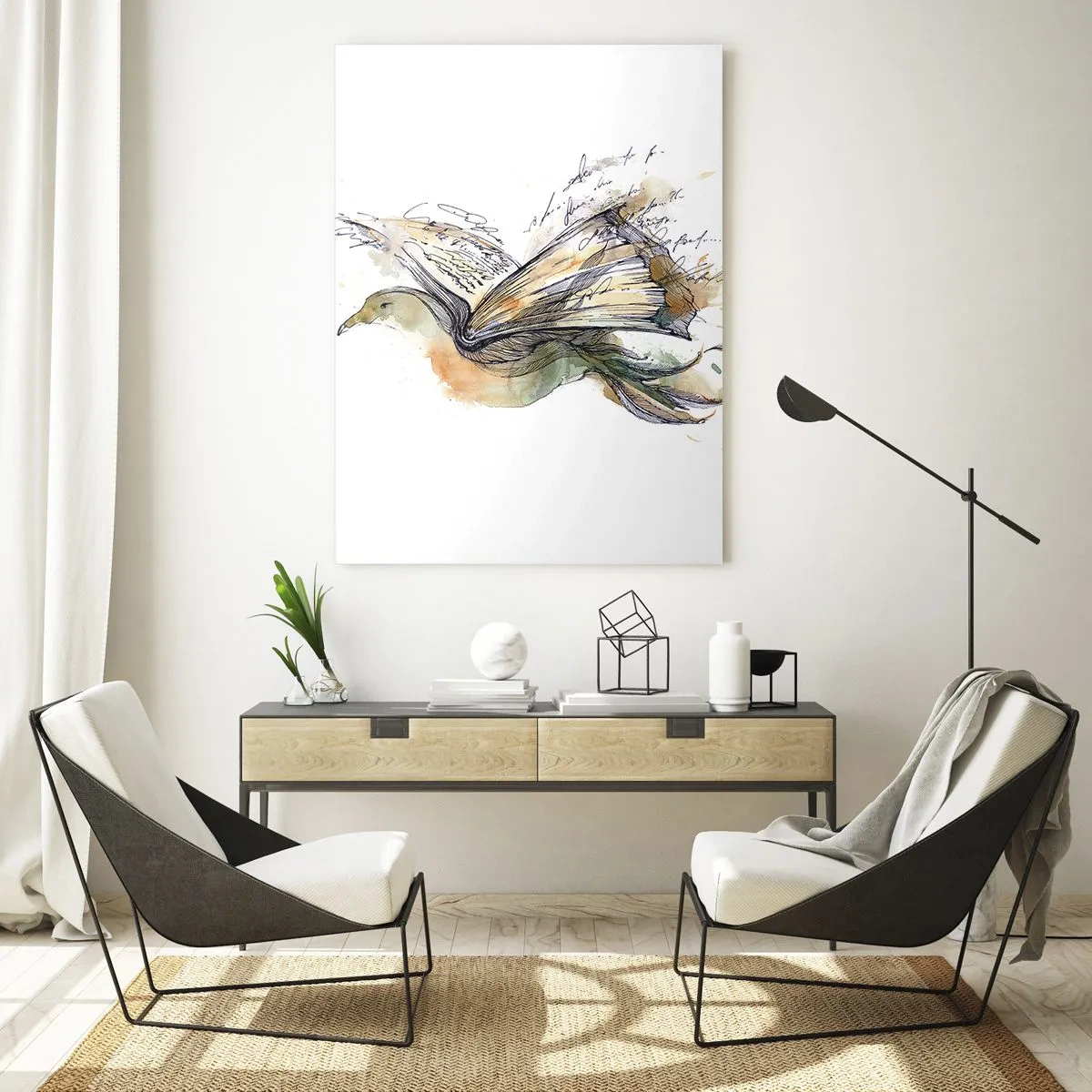 Impression sur verre - Image sur verre - Aquarelle artistique d'un oiseau avec un livre comme ailes - 80x120cm - Sur les ailes de la poésie - Décoration murale moderne pour le salon et la chambre ARTTOR