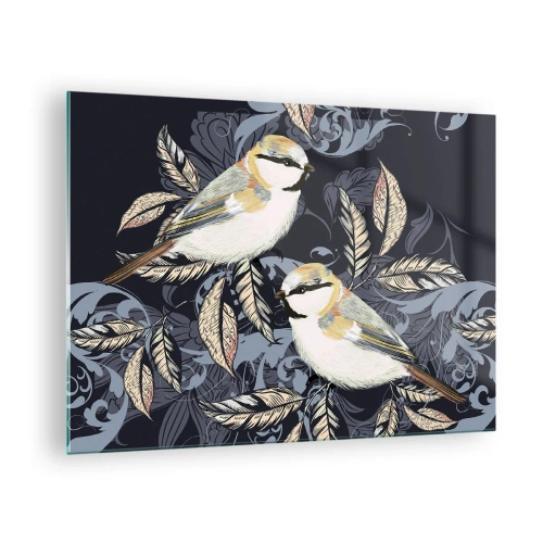 Impression sur verre - Image sur verre - Illustration de deux oiseaux sur un fond sombre avec des ornements - 70x50cm - Babillement jaune et bleu - Décoration murale moderne pour le salon et la chambre ARTTOR