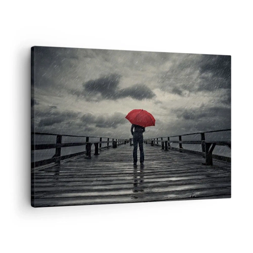 Impression sur toile - Image sur toile - Une personne avec un parapluie rouge sur une jetée pluvieuse - 70x50cm - Peu importe qu'il pleuve - Décoration murale moderne pour le salon et la chambre ARTTOR