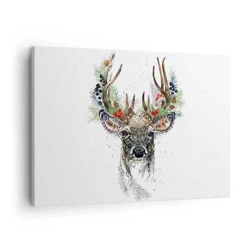 Impression sur toile - Image sur toile - Cerf stylisé avec des bois décoratifs sur fond blanc - 70x50cm - En robe de fête - Décoration murale moderne pour le salon et la chambre ARTTOR
