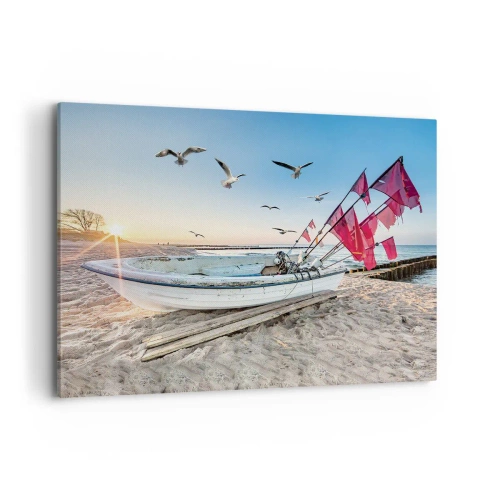 Impression sur toile - Image sur toile - Un bateau sur la plage à l'aube avec des mouettes et des drapeaux rouges - 100x70cm - Repos mérité - Décoration murale moderne pour le salon et la chambre ARTTOR