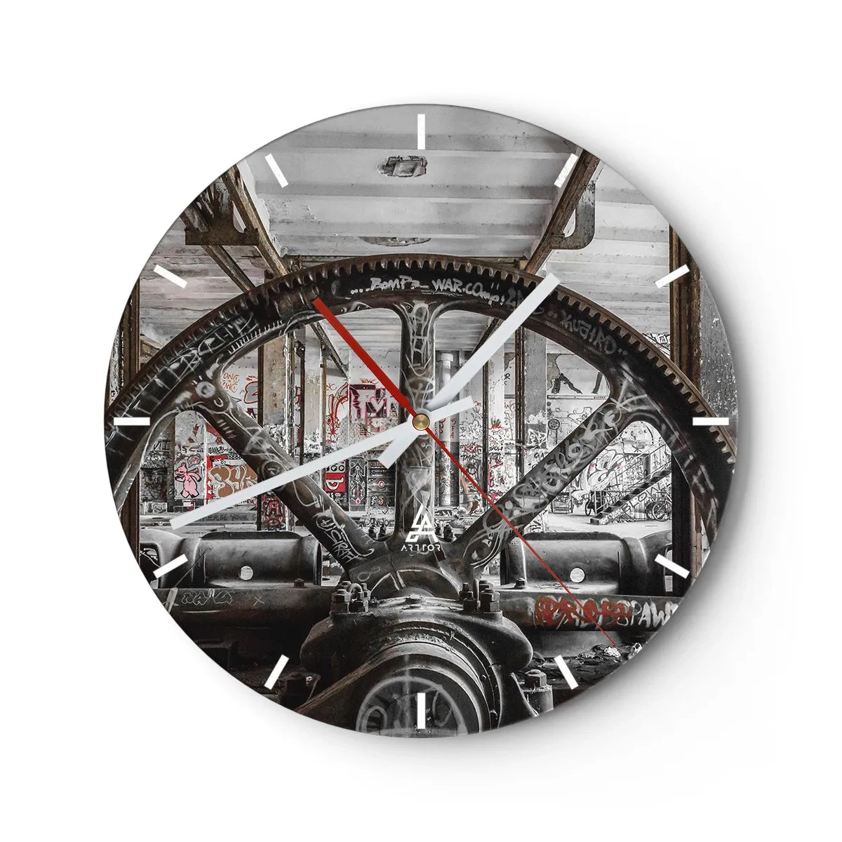 Horloge murale - Pendule murale - Un motif industriel avec des éléments de machines et de graffitis. - 30x30cm - Vie secrète d'une usine - Décoration murale moderne pour le salon, la cuisine et la chambre ARTTOR