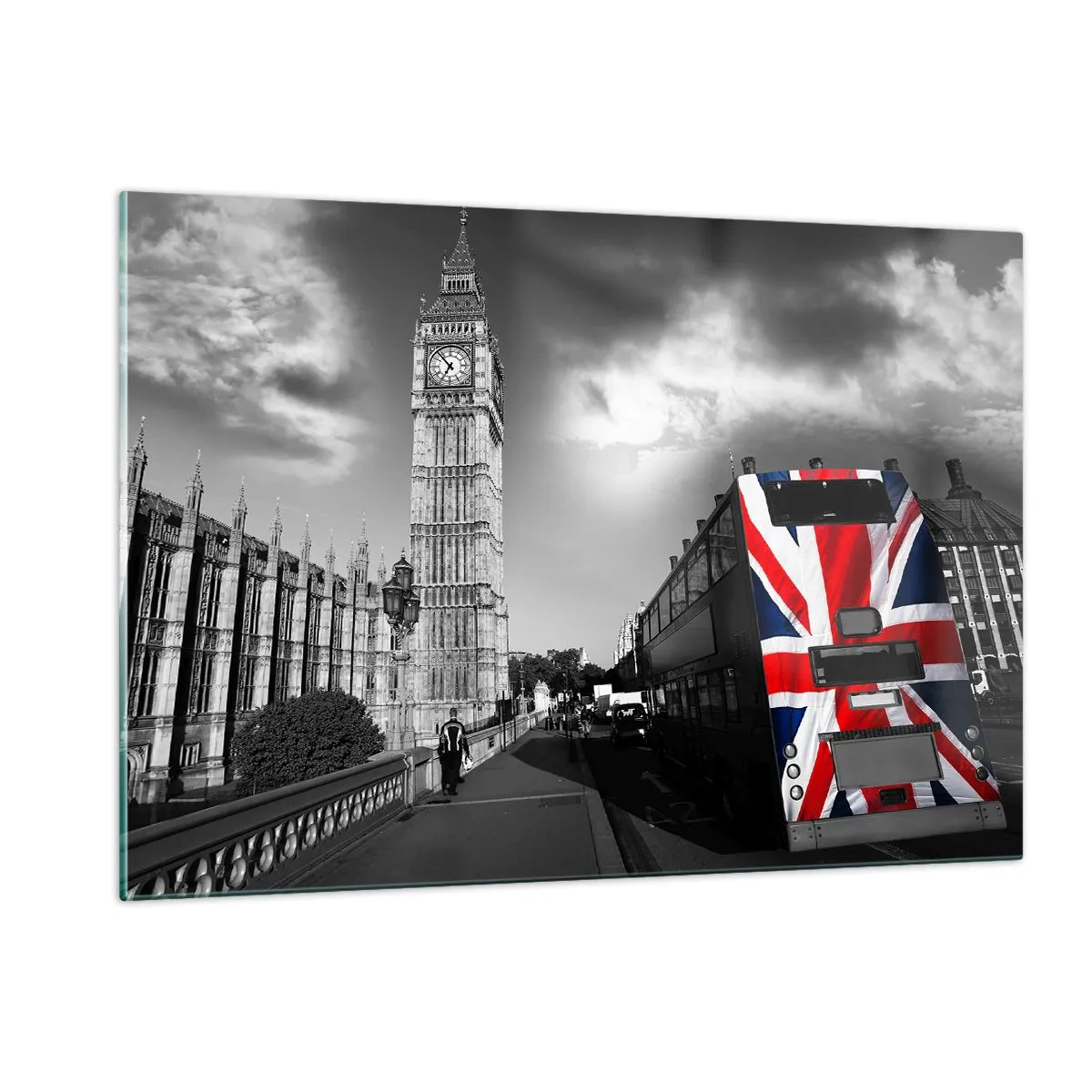Impression sur verre - Image sur verre - Big Ben et un bus avec un drapeau britannique - 120x80cm - Fière et grande - Décoration murale moderne pour le salon et la chambre ARTTOR