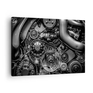Impression sur toile - Image sur toile - Gros plan noir et blanc des détails mécaniques d'un moteur de voiture. - 70x50cm - Poésie mécanique - Décoration murale moderne pour le salon et la chambre ARTTOR