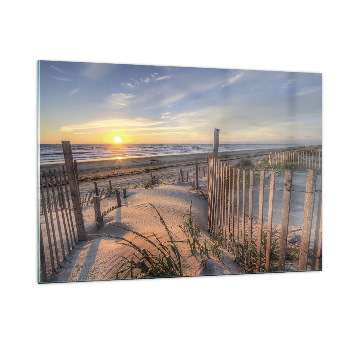 Impression sur verre - Image sur verre - Plage avec dunes au coucher du soleil - 120x80cm - Ombre et brillance du vent - Décoration murale moderne pour le salon et la chambre ARTTOR