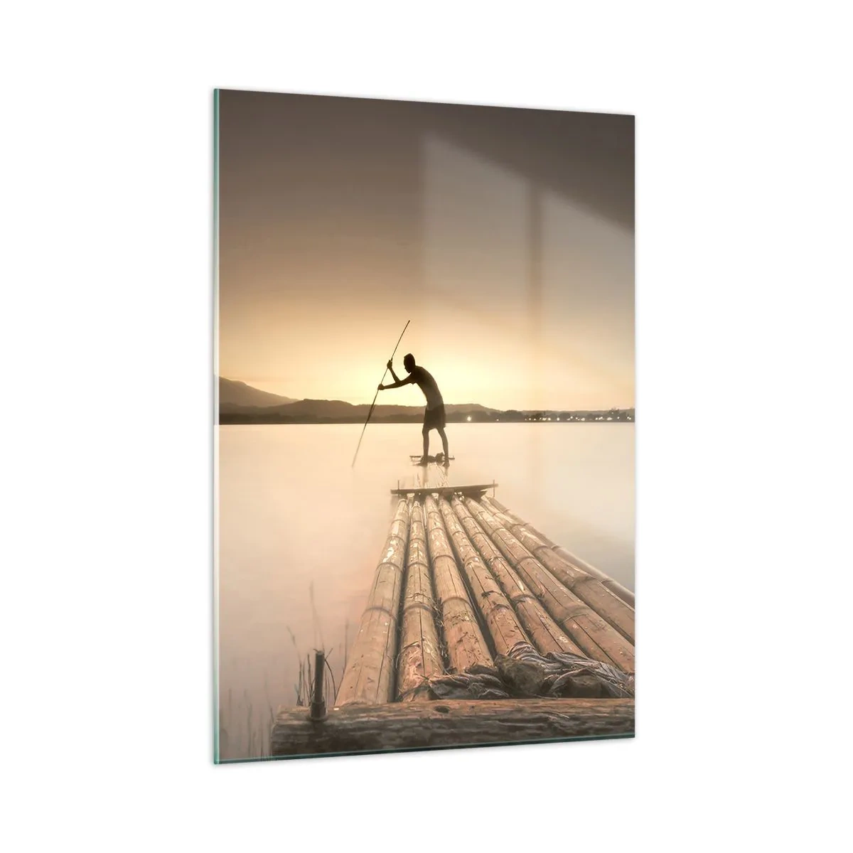 Impression sur verre - Image sur verre - Un pêcheur sur un radeau en bambou au crépuscule - 50x70cm - Avant la fin du jour - Décoration murale moderne pour le salon et la chambre ARTTOR