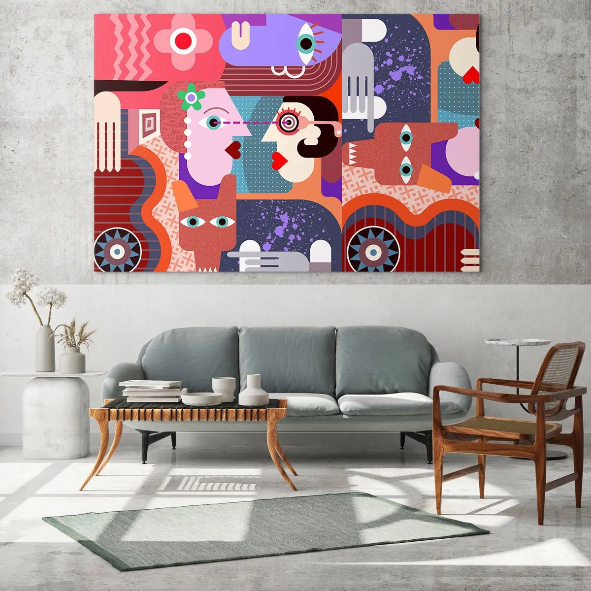 Impression sur verre - Image sur verre - Une composition abstraite de visages et de formes aux couleurs intenses. - 120x80cm - Les yeux dans les yeux - Décoration murale moderne pour le salon et la chambre ARTTOR