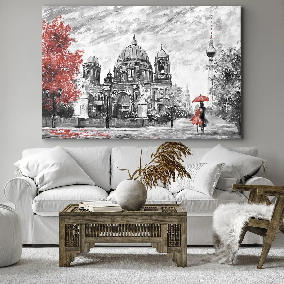 Impression sur toile - Image sur toile - Scène en noir et blanc avec Berlin, un parapluie rouge et un arbre - 70x50cm - Rencontre berlinoise - Décoration murale moderne pour le salon et la chambre ARTTOR