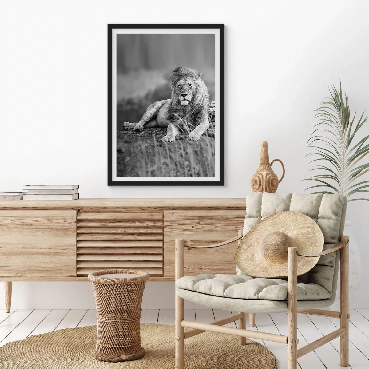 Affiche dans un cadre noir - Poster - Portrait noir et blanc d'un lion majestueux sur fond de savane - 50x70cm - Sieste royale - Décoration murale moderne pour le salon et la chambre ARTTOR