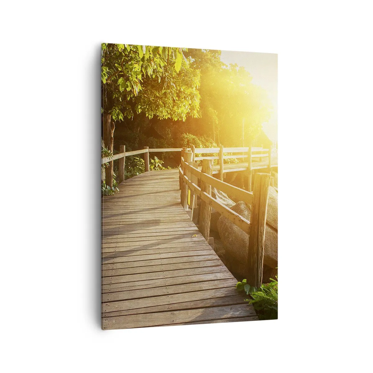 Impression sur toile - Image sur toile - Un pont en bois au milieu de la verdure menant à la mer sous les rayons du soleil - 70x100cm - Un autre tour, un autre miracle - Décoration murale moderne pour le salon et la chambre ARTTOR