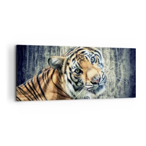Impression sur toile - Image sur toile - Un tigre couché contre un mur à la texture rugueuse - 120x50cm - Portrait dans les flots de lumière - Décoration murale moderne pour le salon et la chambre ARTTOR